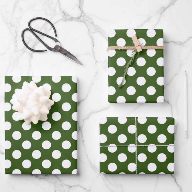 Weiße und grüne Polka-Punkte Geschenkpapier Set (Vorderseite)