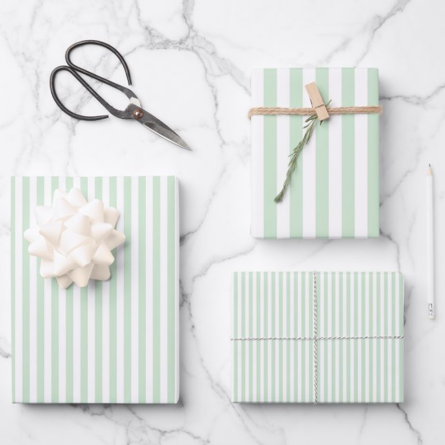 Weiße und grüne Streifen Geschenkpapier Set (Vorderseite)