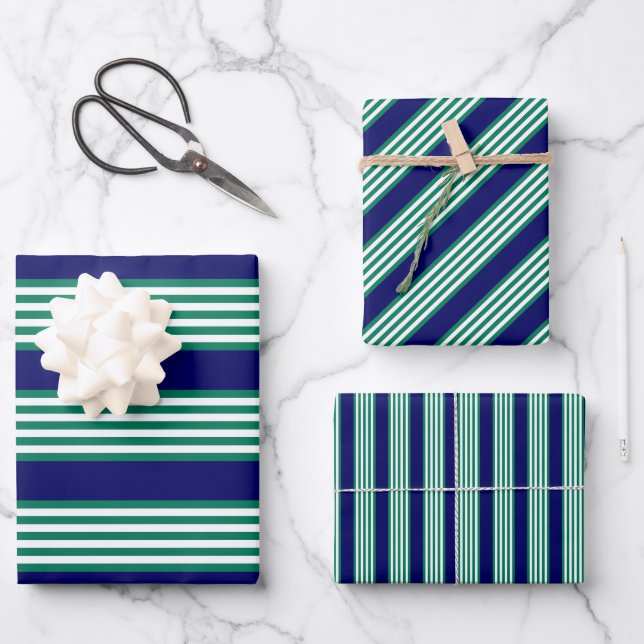 Weiße und grüne Streifen mit marineblau Geschenkpapier Set (Vorderseite)