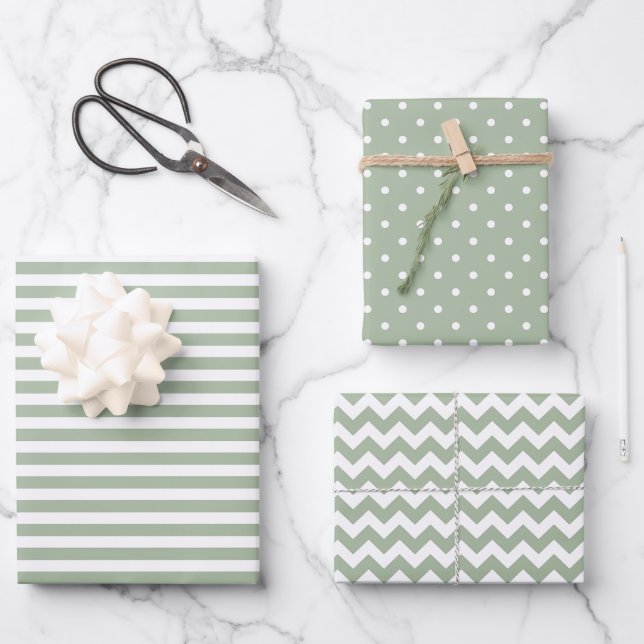 Weiße und grüne Streifen Polka Dot Zickzack Geschenkpapier Set (Vorderseite)