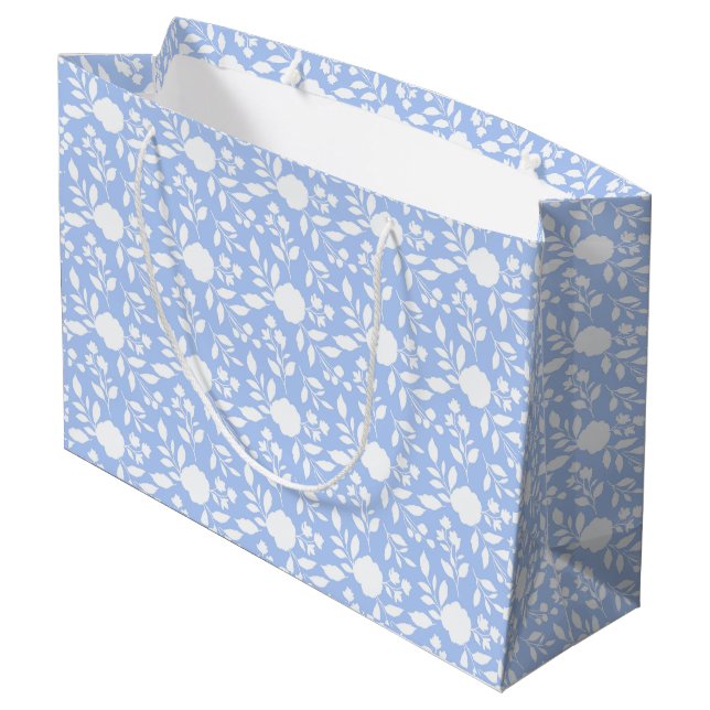 Weiße und hellblaue Blüten Große Geschenktasche Große Geschenktüte (Rückseite Schrägansicht)