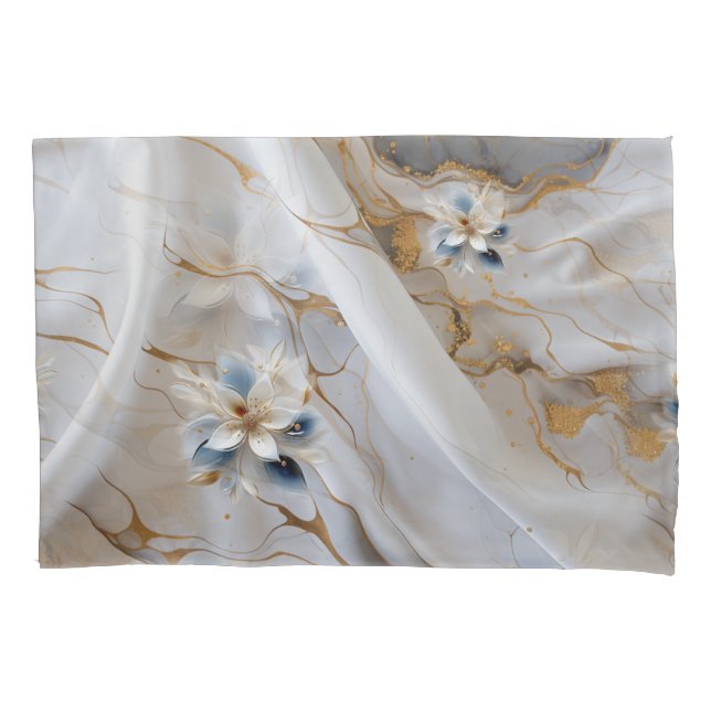 Weiße und hellblaue seidene Blume im Silk-Look Kissenbezug (Vorderseite)