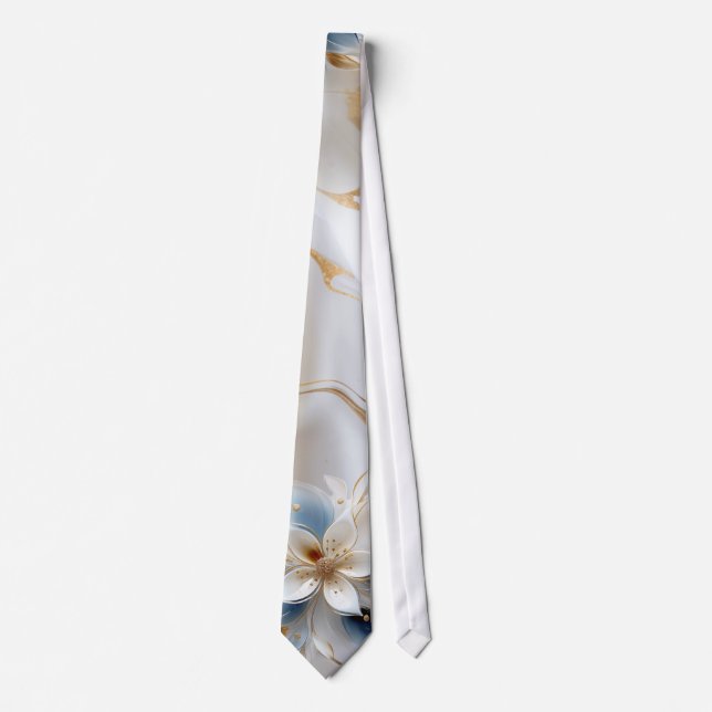Weiße und hellblaue seidene Blume im Silk-Look Krawatte (Vorderseite)