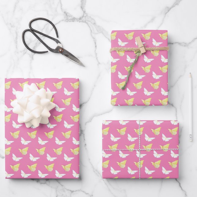 Weiße und hellgelbe Schmetterlinge fliegen pink Geschenkpapier Set (Vorderseite)