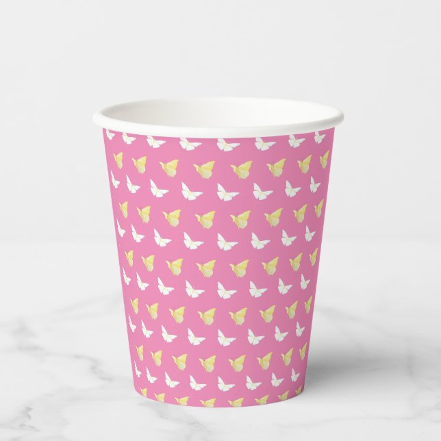 Weiße und hellgelbe Schmetterlinge fliegen pink Pappbecher (Vorderseite)