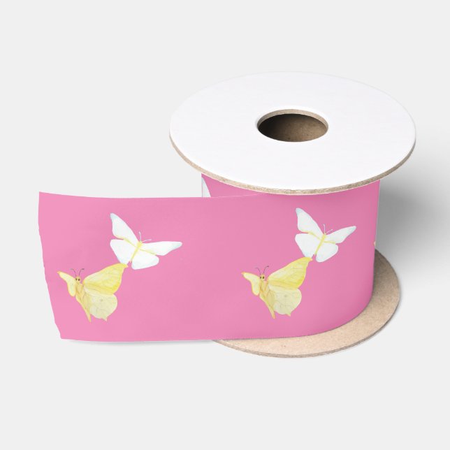 Weiße und hellgelbe Schmetterlinge fliegen pink Satinband (Spule)