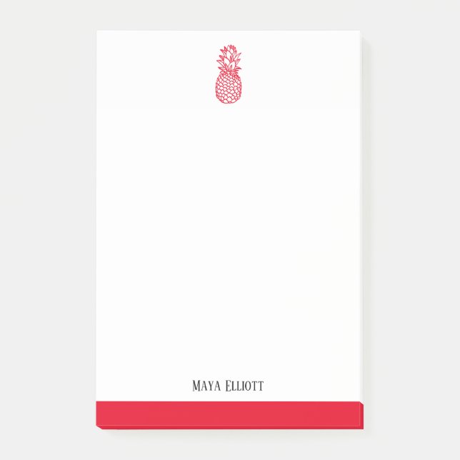 Weiße und hellrote Ananas und Grenzen, Name Post-it Klebezettel (Vorderseite)
