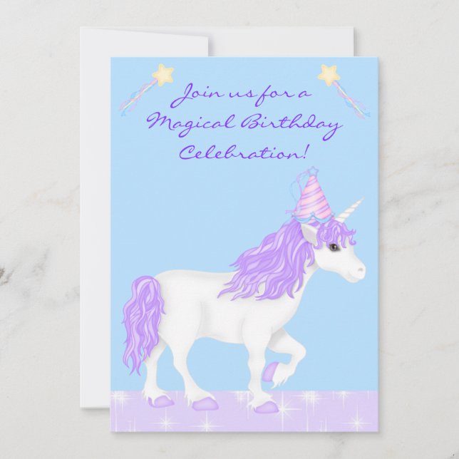 Weiße und Lila Einhornmädchen Einladung zum Geburt (Vorderseite)