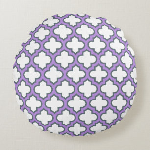Weiße und Lila Trellis, Gitter, Quatrefolie Rundes Kissen