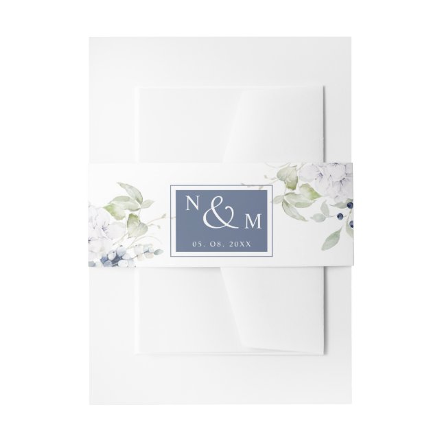 Weiße und Navy-Floral, Monogramm-Hochzeit Einladungsbanderole (Vorderseite Beispiel)