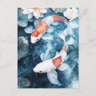 Weiße und orangefarbene Koi-Fische wirbeln im Lotu Postkarte