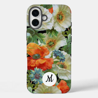 Weiße und orangefarbene Mohnblumen auf schwarzem f iPhone 16 Plus Hülle
