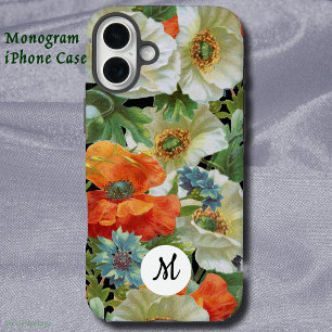 Weiße und orangefarbene Mohnblumen auf schwarzem f iPhone 16 Plus Hülle