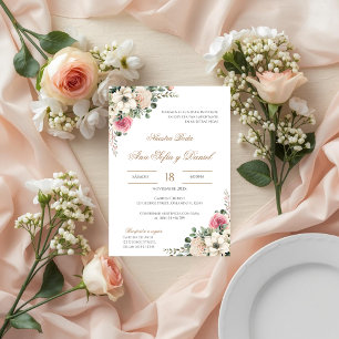 Weiße und rosa florale spanische Hochzeit Einladung