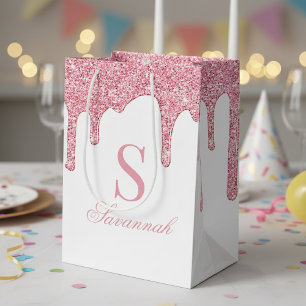 Weiße und rosa Glitter-Tropfen funkeln Monogramm Mittlere Geschenktüte