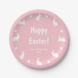 Weiße und rosa Osterhasen und Eier Frohe Ostern Pappteller