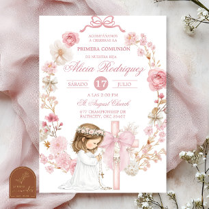 Weiße und rosa Schleife Coquette Erste heilige Kom Einladung
