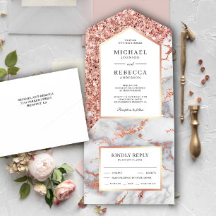 Weiße und Roségold Glitter-Marmor-Hochzeit All In One Einladung