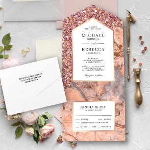 Weiße und roségoldene Glitter-Rosa Marmor-Hochzeit All In One Einladung