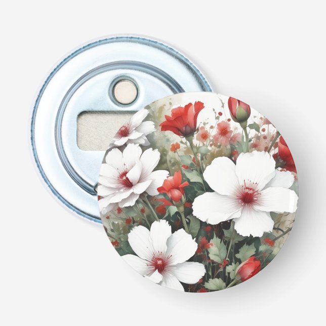 Weiße und rote Blume Elegante Wasserfarbe Flaschenöffner (Vorderseite)
