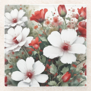 Weiße und rote Blume Elegante Wasserfarbe Glasuntersetzer