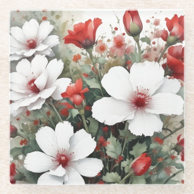 Weiße und rote Blume Elegante Wasserfarbe Glasuntersetzer (Vorderseite)