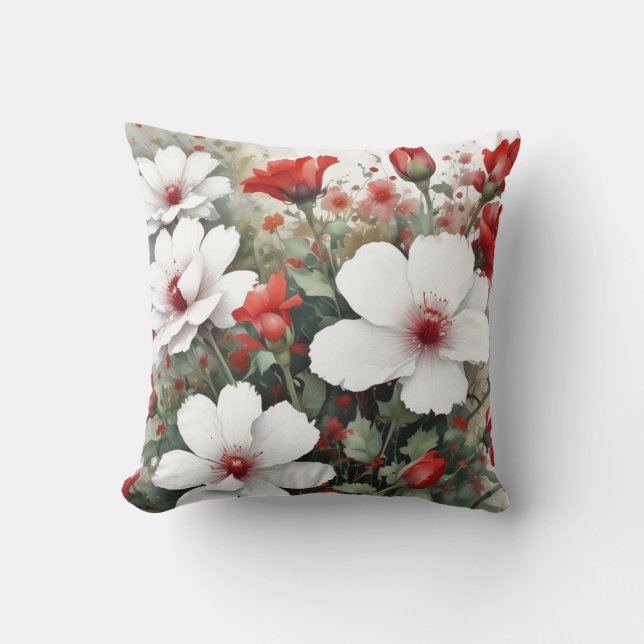 Weiße und rote Blume Elegante Wasserfarbe Kissen (Vorderseite)