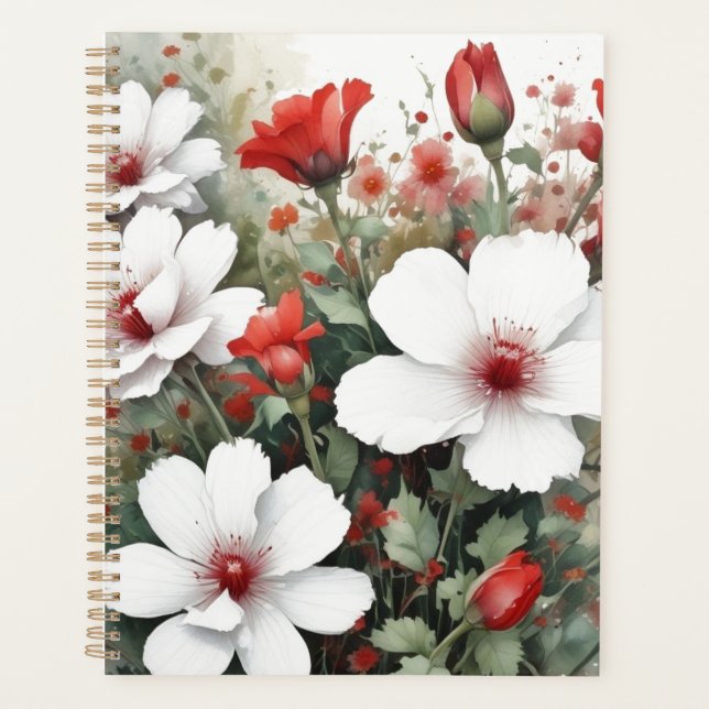 Weiße und rote Blume Elegante Wasserfarbe Planer (Vorderseite)