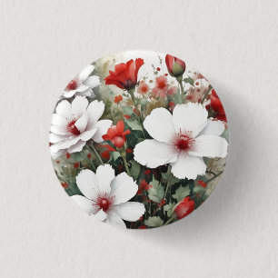 Weiße und rote Blumen Elegante Aquarellmalerei Button