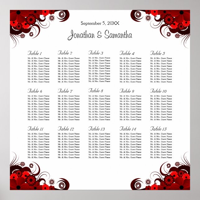 Weiße und rote Blütenblätter 15 Hochzeitstische Poster (Vorne)