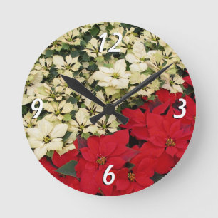 Weiße und rote Poinsettien I Holiday Floral Runde Wanduhr