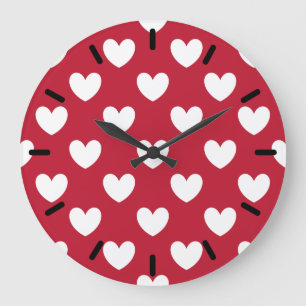 Weiße und rote Polka-Herzen Große Wanduhr