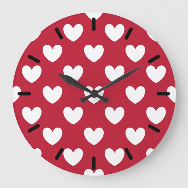Weiße und rote Polka-Herzen Große Wanduhr (Vorderseite)