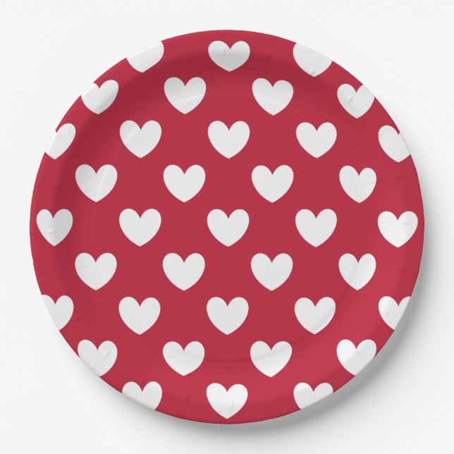 Weiße und rote Polka-Herzen Pappteller (Vorderseite)