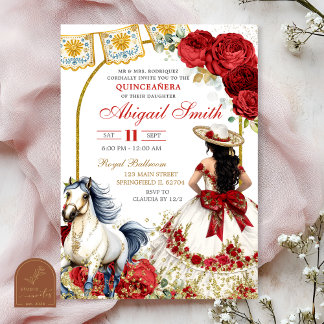Weiße und rote Rosen-Charra-Quinceanera-Einladung Einladung