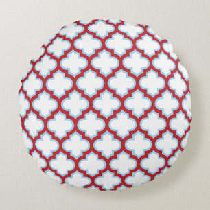 Weiße und rote Trellis, Gitter, Quatrefolie Rundes Kissen