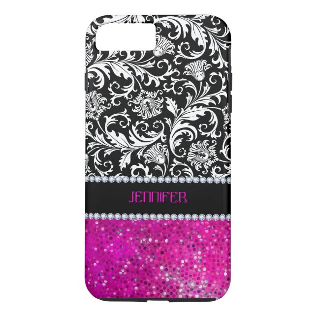 Weiße und schwarze Damaskus Rosa Glitzer & Diamant Case-Mate iPhone Hülle (Rückseite)