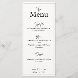 Weiße und schwarze elegante Hochzeits-Dinner-Menük Menükarte