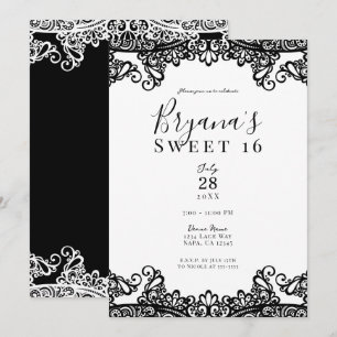 Weiße und schwarze elegante Lace Sweet 16 Party Einladung