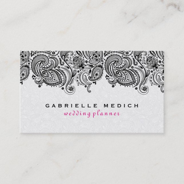Weiße und schwarze Flora Paisley Lace Visitenkarte (Vorderseite)