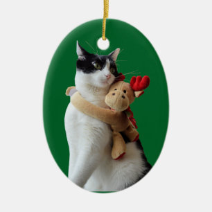 Weiße und schwarze Katze & Rentiere Weihnachts-Spi Keramik Ornament