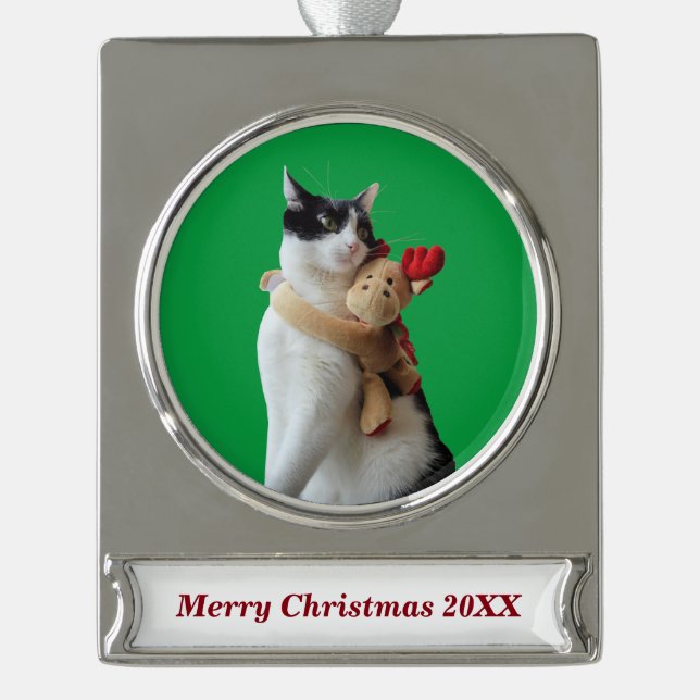 Weiße und schwarze Katze & Rentierspielzeug Banner-Ornament Silber (Vorderseite)