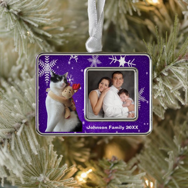 Weiße und schwarze Katze & Rentierspielzeug Rahmen-Ornament Silber (Baum)