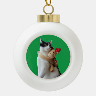 Weiße und schwarze Katze und Weihnachtsmann-Rentie Keramik Kugel-Ornament