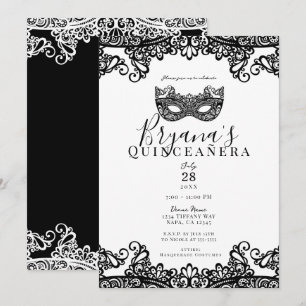 Weiße und schwarze Lace-Maskerade 15. Quinceañera Einladung
