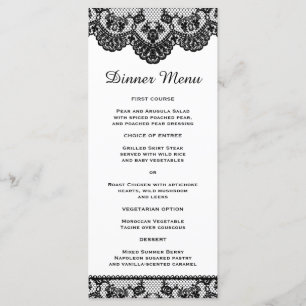 Weiße und schwarze Spitze-dünnes Abendessen-Menü Menükarte