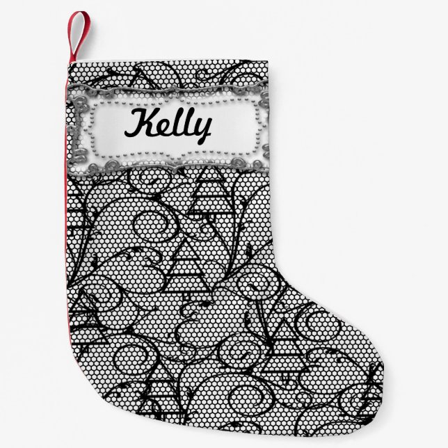 Weiße und schwarze Spitzen-Tree oder Mantle-Strump Kleiner Weihnachtsstrumpf (Vorderseite)