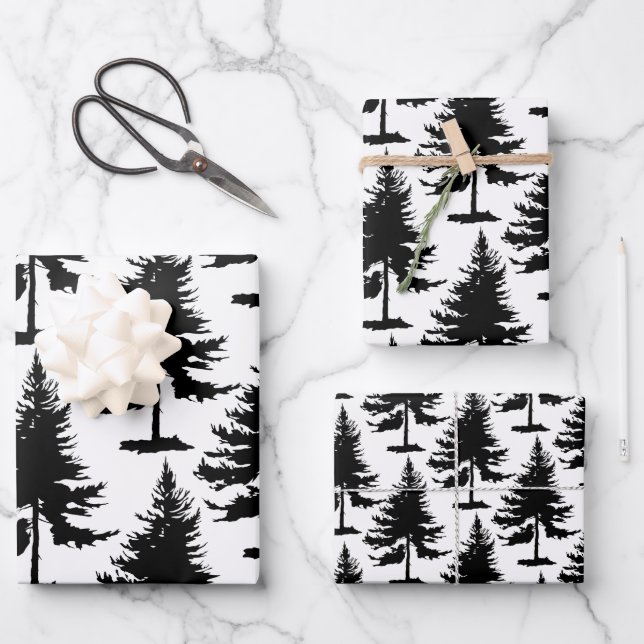 Weiße und schwarze Spruce-Bäume Geschenkpapier Set (Vorderseite)