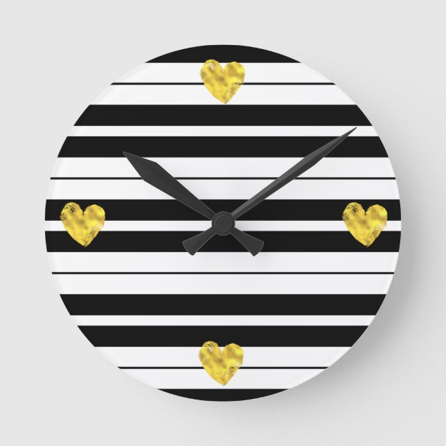 Weiße und schwarze Streifen mit goldenen Herzen Runde Wanduhr (Vorderseite)