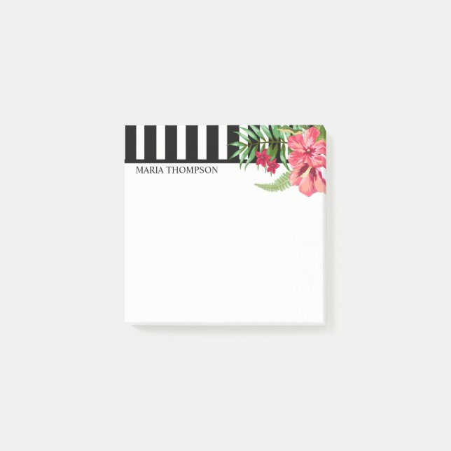 Weiße und schwarze Streifen und exotische Blume Post-it Klebezettel (Vorderseite)